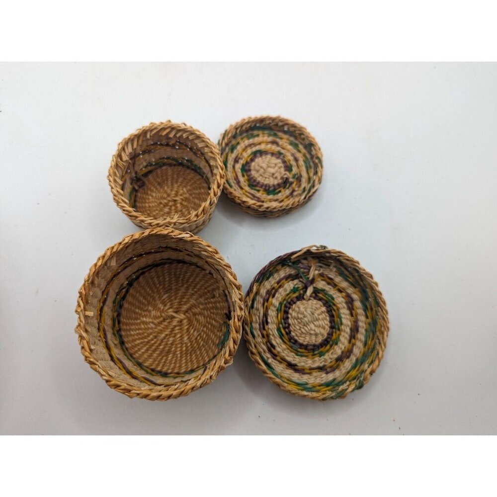 Hand Woven Basket w Lid - Wicker Ethnic Grass Straw Boho Tiny - Green Yellow - Picture 6 of 12